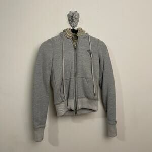 Abercrombie & Fitch S faux fur lined hoodie full zip cabincore cozy gray neutral